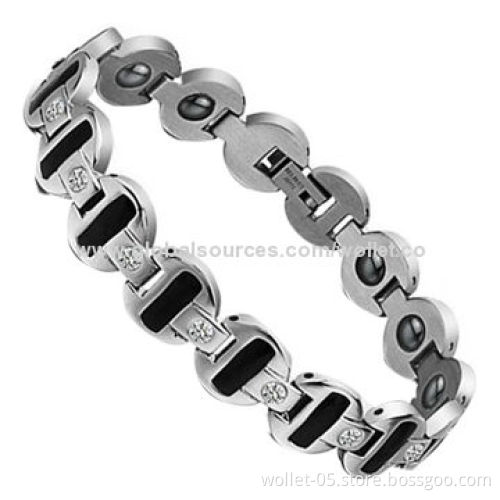 Women's Fashion Black Enamel 316L Stainless Steel Therapy Bracelet, CZ Stone